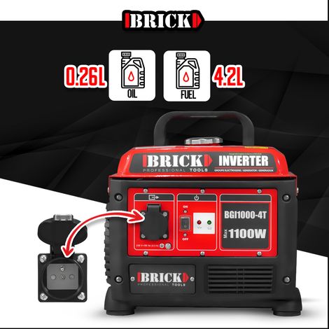 BRICK Brick – Groupe électrogène inverter 1100W – Moteur 4 temps 54cc – Autonomie 4.6h – Prise 230V – Arrêt automatique surcharge vue 3 BRICK Brick – Groupe électrogène inverter 1100W – Moteur 4 temps 54cc – Autonomie 4.6h – Prise 230V – Arrêt automatique surcharge vue 3