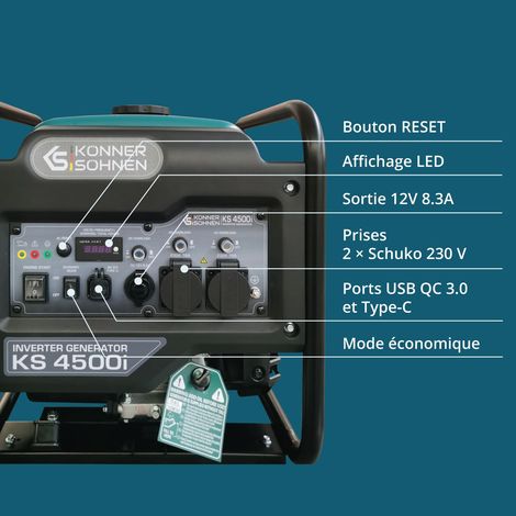KÖNNER & SÖHNEN Könner & Söhnen – Groupe électrogène essence 4.5 kW – Onduleur pour équipements sensibles – Démarrage manuel – Autonomie 9h18 – 2 prises Schuko 230V vue 4 KÖNNER & SÖHNEN Könner & Söhnen – Groupe électrogène essence 4.5 kW – Onduleur pour équipements sensibles – Démarrage manuel – Autonomie 9h18 – 2 prises Schuko 230V vue 4