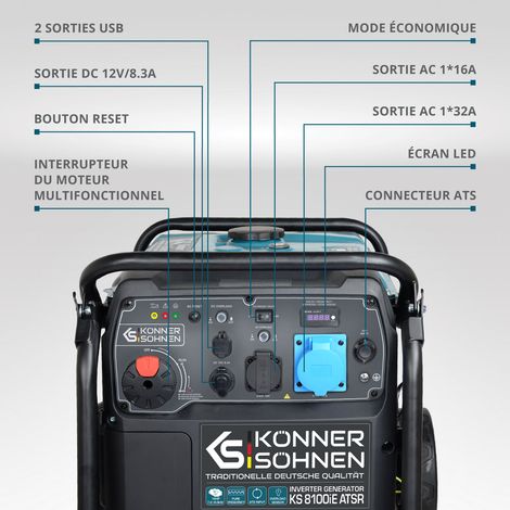 KÖNNER & SÖHNEN Könner & Söhnen – Groupe électrogène inverter 8,0 kW – Carburant essence – Démarrage électrique – ATS pour alimentation automatique – Technologie de pure sinus vue 3 KÖNNER & SÖHNEN Könner & Söhnen – Groupe électrogène inverter 8,0 kW – Carburant essence – Démarrage électrique – ATS pour alimentation automatique – Technologie de pure sinus vue 3