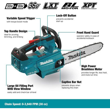 MAKITA Makita – Électroscie à batterie 300 mm DUC306Z – 18Vx2 – Moteur Brushless – Vitesse chaîne 20 m/s – Système XPT pour poussière et eau vue 3 MAKITA Makita – Électroscie à batterie 300 mm DUC306Z – 18Vx2 – Moteur Brushless – Vitesse chaîne 20 m/s – Système XPT pour poussière et eau vue 3